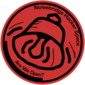 A Circular Red logo with a hand-drawn bell in the center. In the top right there is the text "Noisebridge Hacker Space". The bottom left text says "Are We Open?". This is in the style of the Noisebridge Logo
