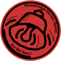 A Circular Red logo with a hand-drawn bell in the center. In the top right there is the text "Noisebridge Hacker Space". The bottom left text says "Are We Open?". This is in the style of the Noisebridge Logo